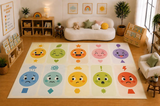 ICE ARMOR Large 6'7" x 9'10" Emotions and Feelings Faces Area Rug for for Kids Room, Classroom, Bedroom, Playroom Decor, Soft Low Pile Indoor Rug with Non-Slip Silicone Backing, Cream Multicolor