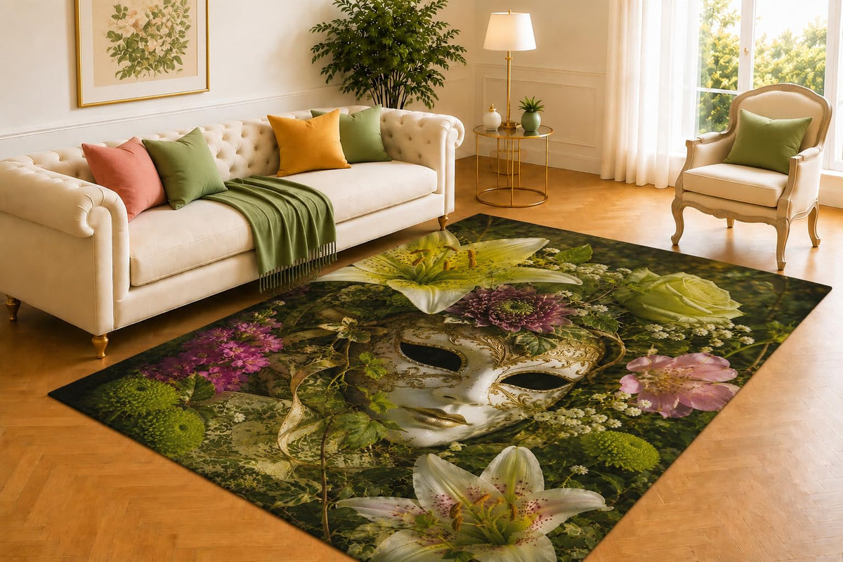 ICE ARMOR 5' x 7' Masked Flower Rug, Antique Doll Face Garden Artwork, Smooth Printed Floor Cover for Bedroom, Studio, Lounge and Whimsical Gothic Decor
