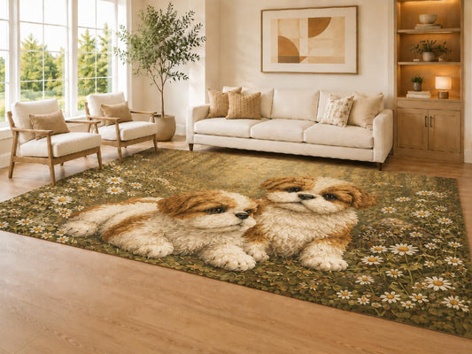 ICE ARMOR Large 6'7" x 9'10" Brown and Cream Puppy Pair Area Rug for Living Room, Soft Low Pile Carpet with Non-Slip Silicone Backing, Decor for Bedroom Dining Room and Home Office