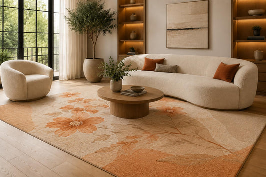 ICE ARMOR 6'7" x 9'10" Orange and Cream Floral Bouquet Area Rug for Living Room, Soft Low Pile Carpet with Non-Slip Silicone Backing, Floor Decor for Bedroom, Dining Area and Home Office