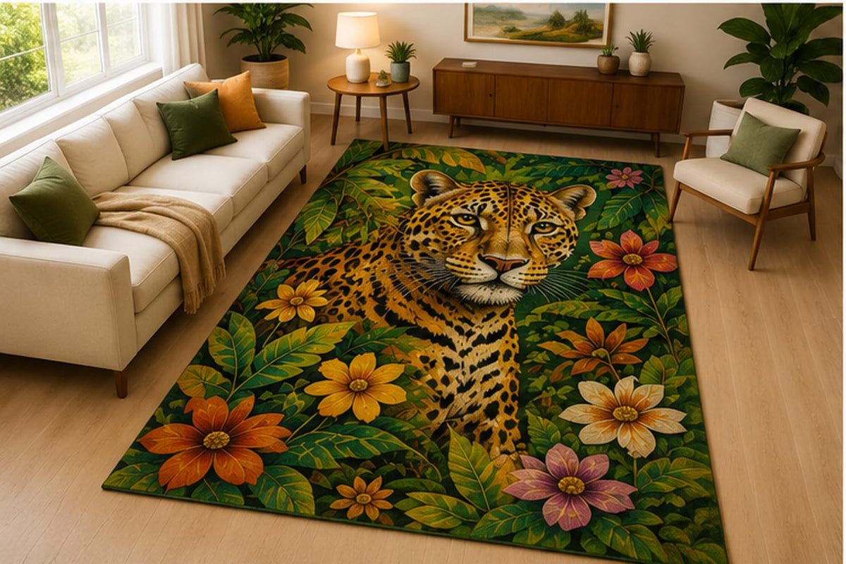 ICE ARMOR 5' x 7' Jaguar Tropical Forest Area Rug Soft Low Pile Indoor Rug with Non Slip Silicone Backing Jungle Animal Decor Carpet for Living Room Bedroom Office Family Room Green