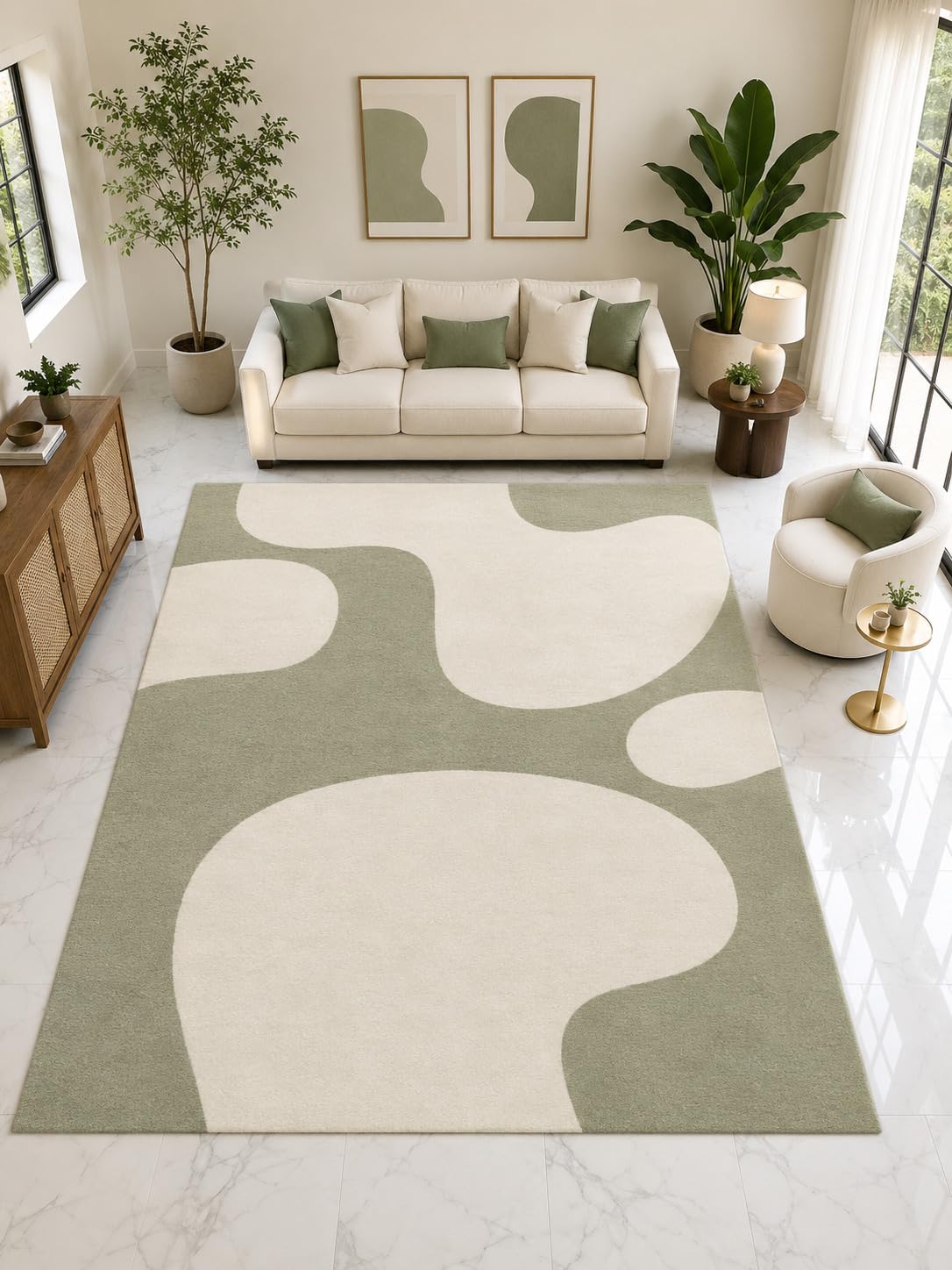ICE ARMOR Large 6'7" x 9'10" Organic Shape Area Rug, Soft Low Pile Indoor Rug with Non-Slip Silicone Backing for Living Room Bedroom, Ivory Sage
