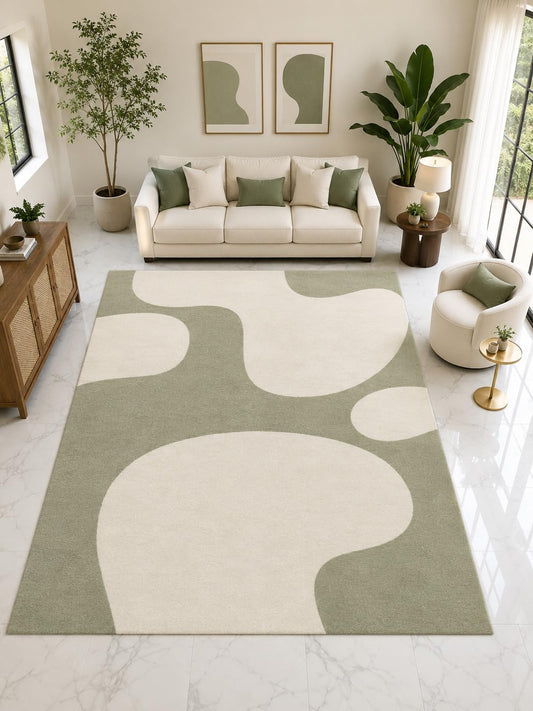 ICE ARMOR Large 6'7" x 9'10" Organic Shape Area Rug, Soft Low Pile Indoor Rug with Non-Slip Silicone Backing for Living Room Bedroom, Ivory Sage