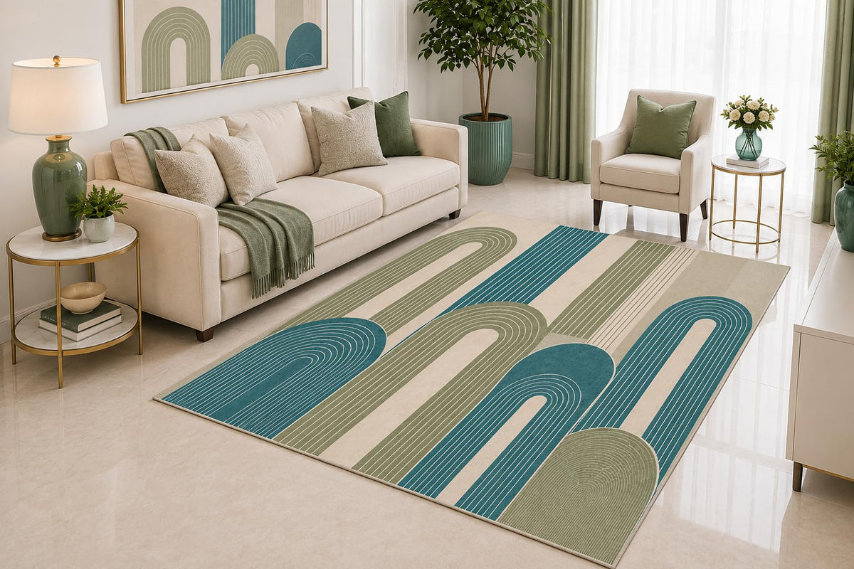ICE ARMOR 5' x 7' Mid Century Modern Area Rug, Sage Green Blue Abstract Arch Design for Living Room Bedroom Office, Non-Slip Silicone Backing, Low Pile Carpet