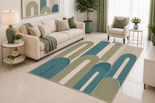 ICE ARMOR 5' x 7' Mid Century Modern Area Rug, Sage Green Blue Abstract Arch Design for Living Room Bedroom Office, Non-Slip Silicone Backing, Low Pile Carpet
