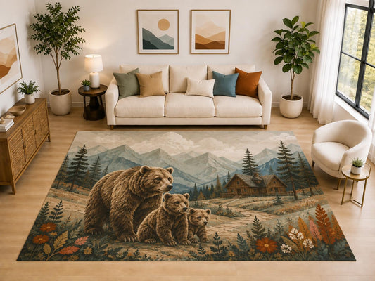 ICE ARMOR "Ultra Light Weight Large 6'7" x 9'10" Bear Family Cabin Rug for Family Room, Soft Low Pile Indoor Rug and Non-Slip Silicone Backing, Brown