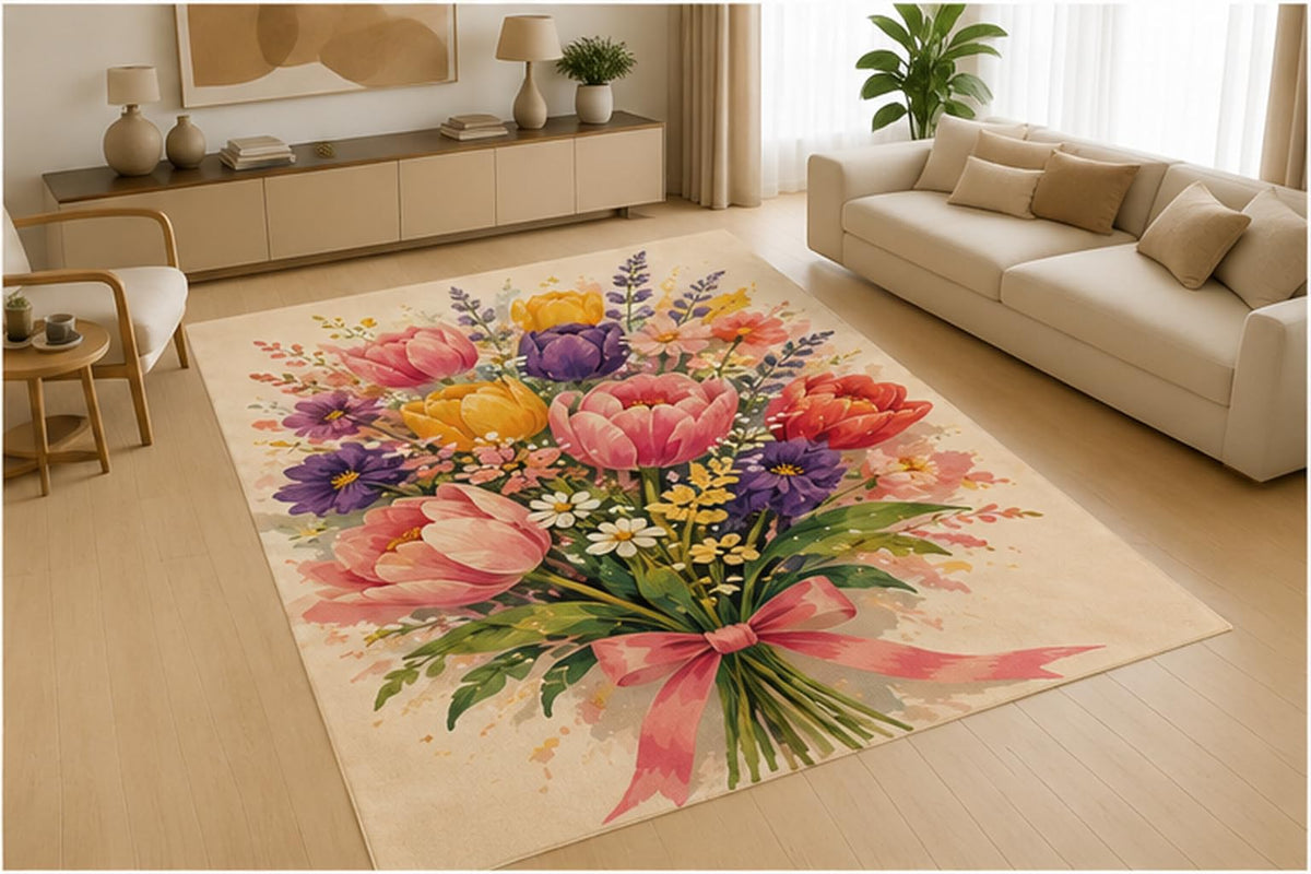 ICE ARMOR 5' x 7' Sunset Wildflower Field Area Rug, Soft Low Pile Indoor Rug with Non-Slip Silicone Backing for Living Room, Bedroom, Dining Room, Office, Family Room, Multicolor