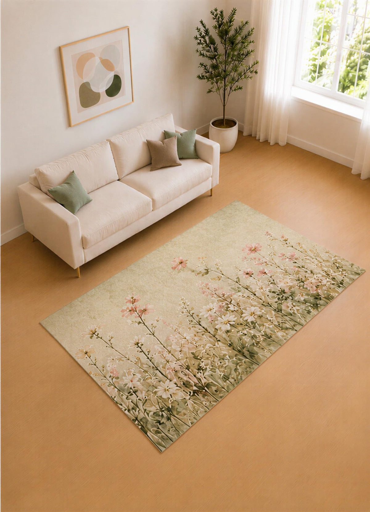 ICE ARMOR 5' x 7' Sage Green and Blush Wildflower Meadow Area Rug for Living Room, Soft Low Pile Carpet with Non-Slip Silicone Backing, Decor for Bedroom and Home Office
