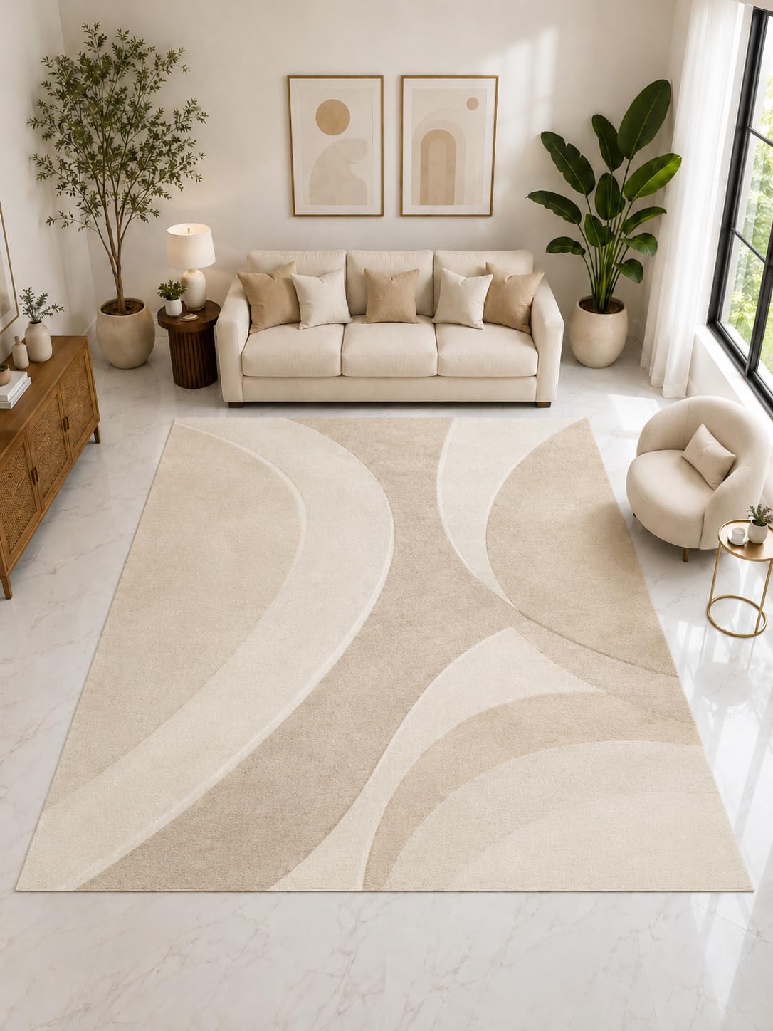 ICE ARMOR Large 6'7" x 9'10" Modern Abstract Curve Area Rug, Soft Low Pile Indoor Rug with Non-Slip Silicone Backing for Living Room Bedroom, Beige Gray
