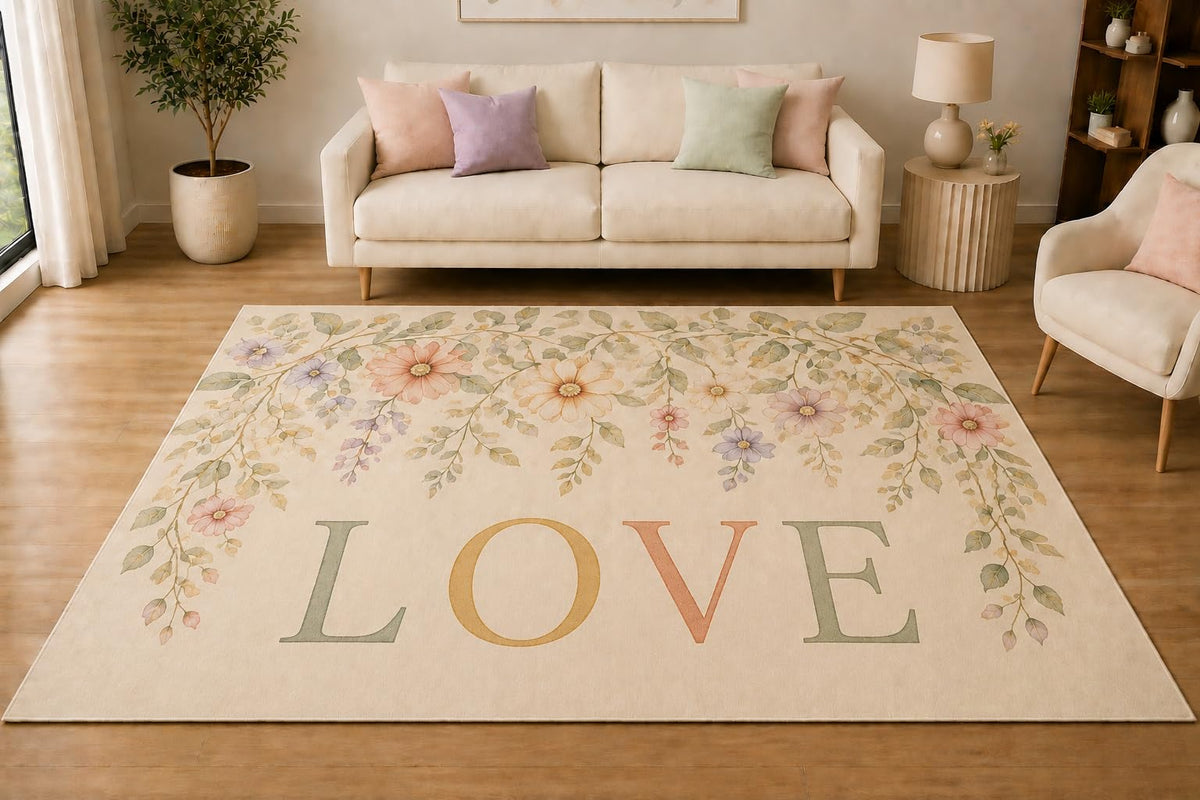 ICE ARMOR 5' x 7' Hanging Wildflower Love Area Rug, Soft Low Pile Indoor Rug with Non-Slip Silicone Backing for Living Room, Bedroom, Dining Room, Family Room, Cream Pink Lavender