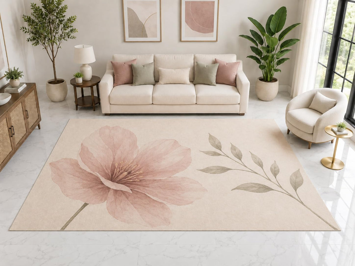 ICE ARMOR "Ultra Light Weight Large 6'7" x 9'10" Blush Blossom Floral Rug, Soft Low Pile Indoor Rug, Non-Slip Silicone Backing for Bedroom Blush Pink