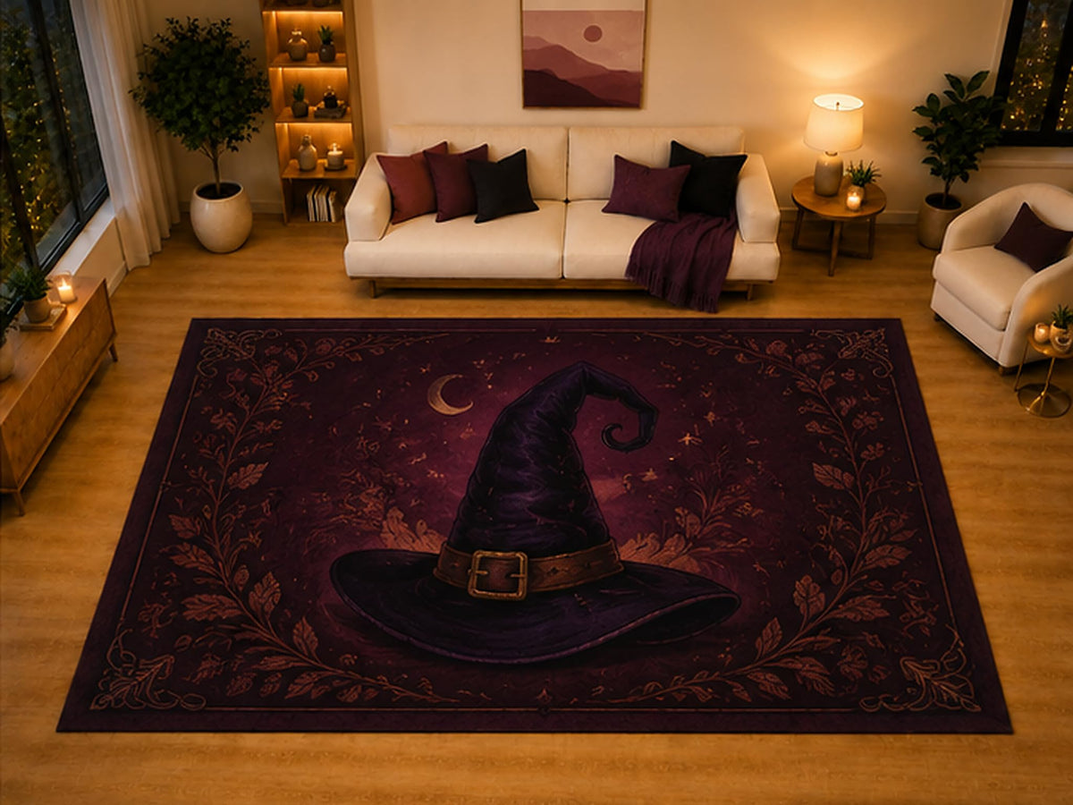 ICE ARMOR "Ultra Light Weight Large 6'7" x 9'10" Witch Hat Crescent Moon Area Rug for Living Room Bedroom, Soft Low Pile Non-Slip Backing, Purple Black Halloween Witchy Decor