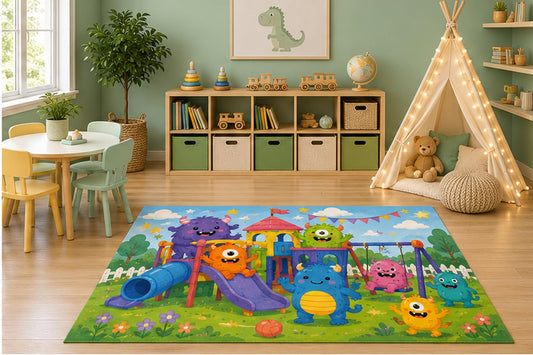ICE ARMOR 5' x 7' Cute Monster Playground Kids Area Rug, Colorful Friendly Monster Cartoon Playroom Nursery Bedroom Classroom Decor, Non-Slip Silicone Backing Low Pile