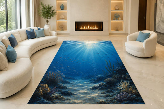 ICE ARMOR "Ultra Lightweight Large 6'7" x 9'10" Underwater Sun Rays Area Rug for Living Room, Bedroom and Home Office, Soft Low Pile Carpet with Non-Slip Silicone Backing, Blue and White
