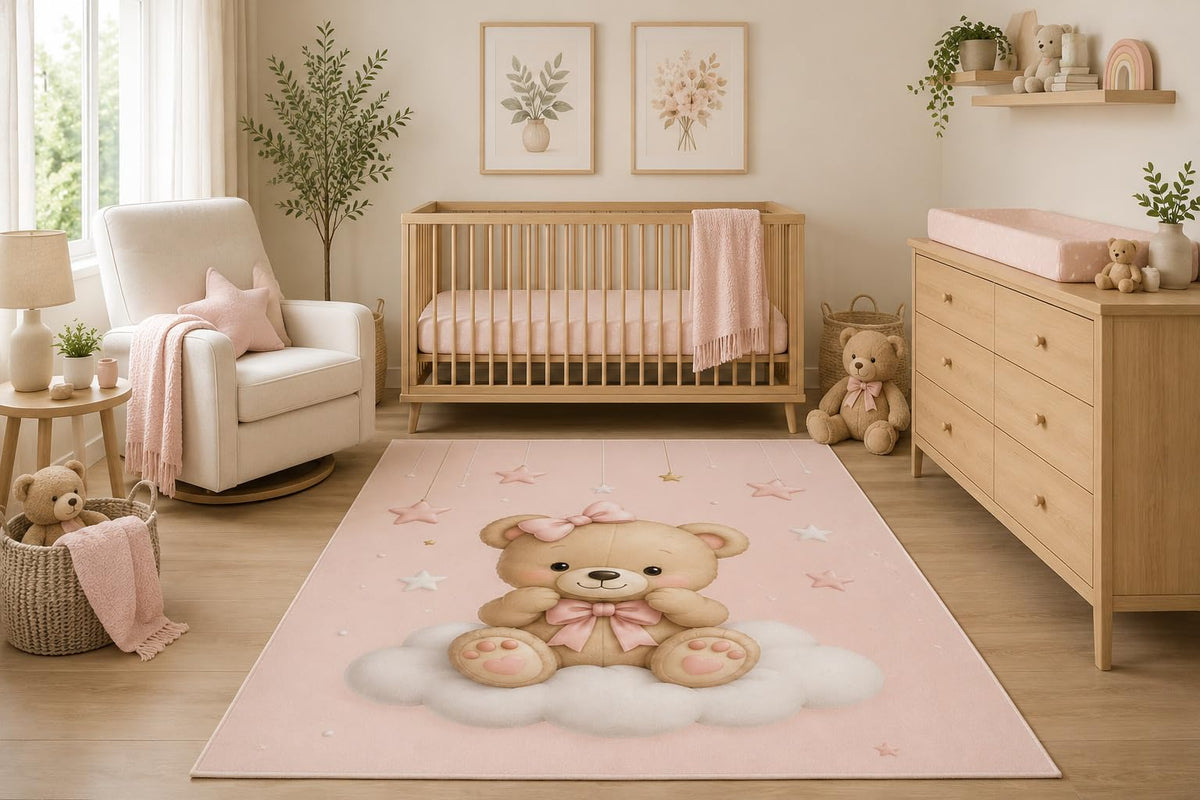 ICE ARMOR 5' x 7' Cute Teddy Bear Area Rug, Pink Nursery Baby Girl Bedroom Playroom Decor with Stars and Clouds, Non-Slip Silicone Backing Low Pile Carpet