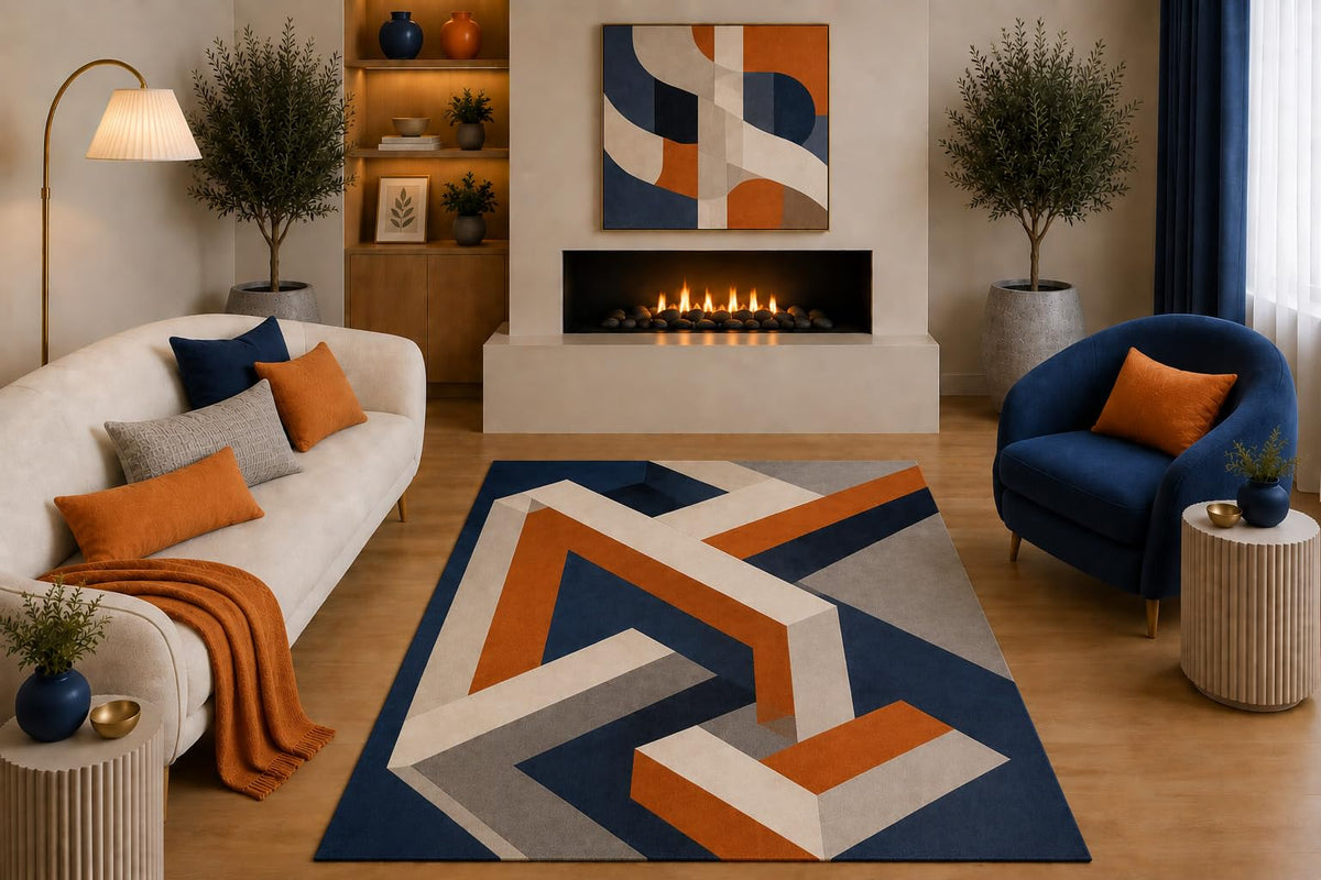 ICE ARMOR "Ultra Light Weight 5' x 7' Modern Geometric Area Rug Navy Blue Orange Beige Gray Abstract Interlocking Design for Living Room Bedroom Dining Room Non-Slip Silicone Backing Low Pile