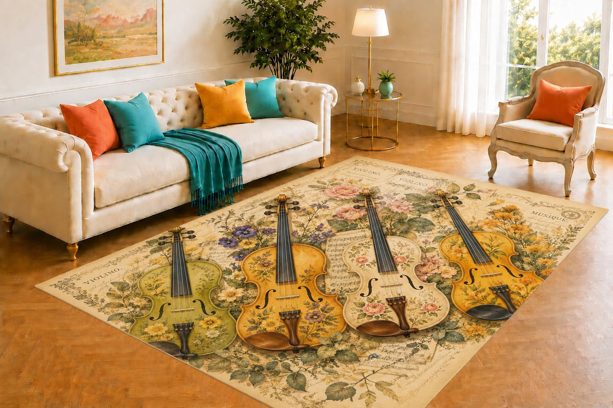 ICE ARMOR 5' x 7' Antique Violin Collection Area Rug for Living Room, Soft Low Pile Carpet with Non-Slip Silicone Backing for Bedroom, Dining Room, Office, Kids and Pets