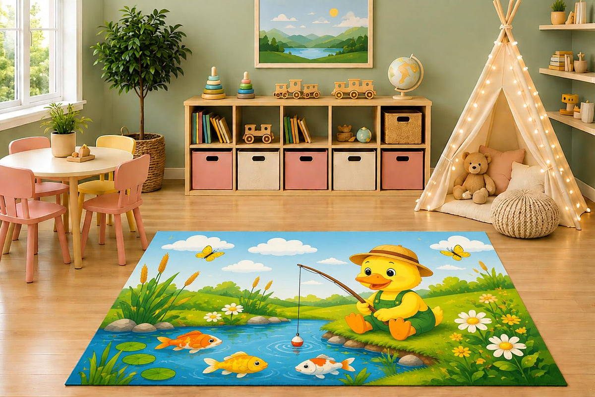 ICE ARMOR 5' x 7' Duck Fishing Area Rug, Cute Cartoon Duck Pond Fish Nature Adventure Kids Playroom Nursery Bedroom Decor, Non-Slip Silicone Backing Low Pile