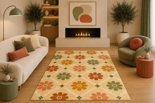 ICE ARMOR 5' x 7' Retro Floral Area Rug Mid Century Daisy Pattern Cream Orange Olive Green for Living Room Bedroom Dining Room Non-Slip Silicone Backing Low Pile