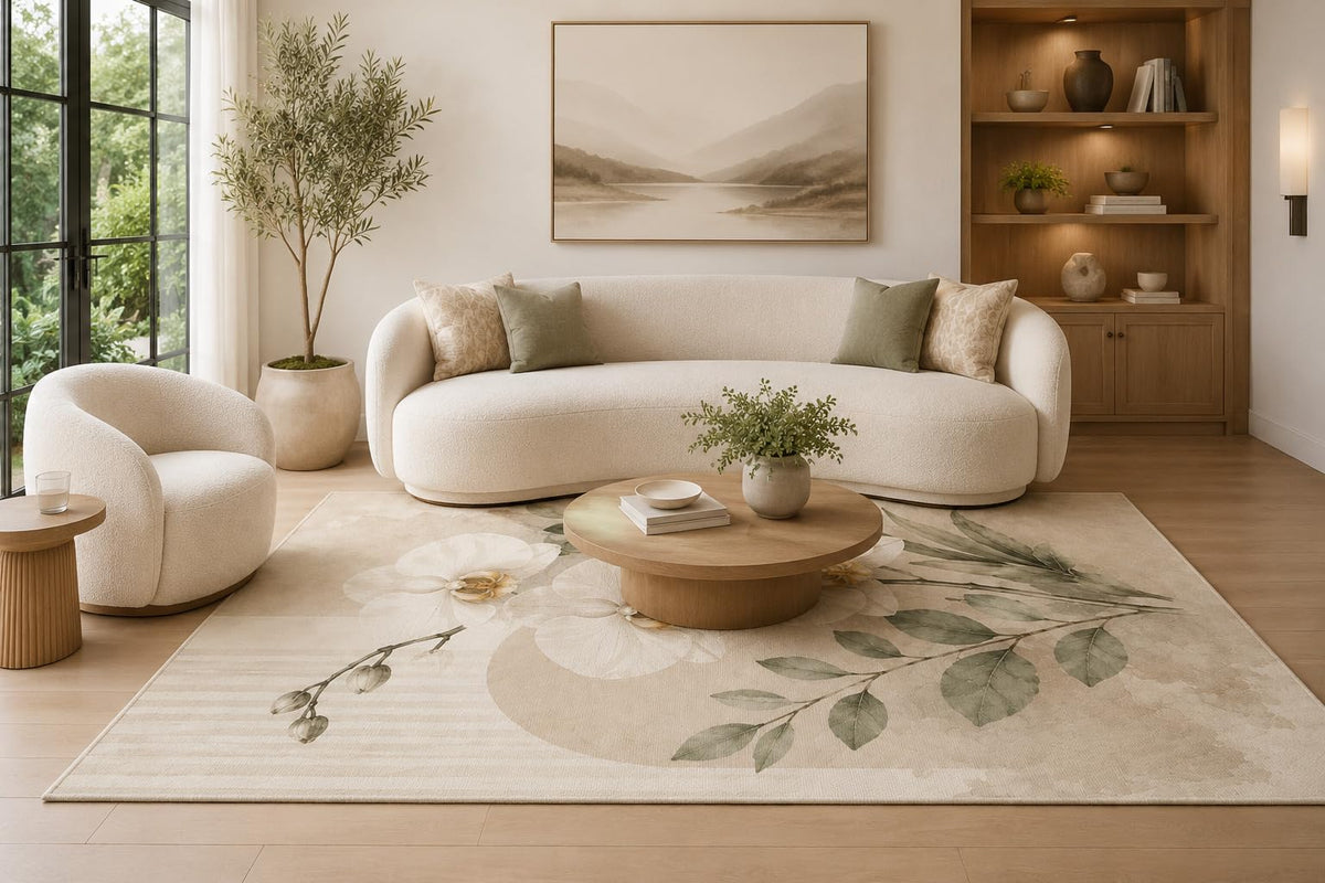 ICE ARMOR 6'7" x 9'10" Ivory Sage and Beige Botanical Area Rug with White Orchids Green Leaves and Soft Neutral Shapes, Soft Low Pile Non-Slip Rug for Living Room and Bedroom