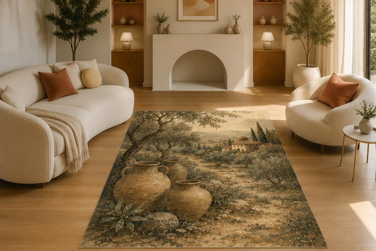 ICE ARMOR 5' x 7' Rustic Mediterranean Olive Grove Area Rug, Soft Low Pile Non-Slip Indoor Carpet for Living Room, Bedroom, Office, Farmhouse, Entryway and Traditional Home Decor, Brown