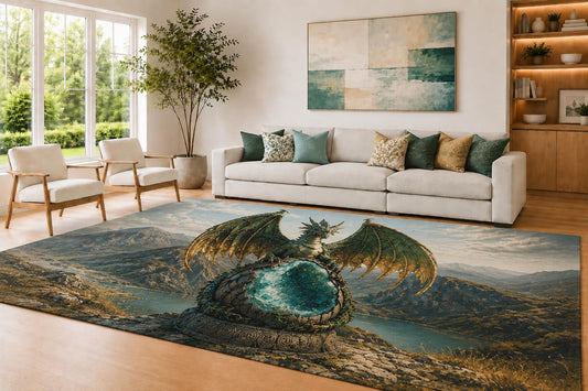 ICE ARMOR Large 6'7" x 9'10" Teal and Golden Color Crystal Dragon Area Rug for Living Room, Soft Low Pile Carpet with Non-Slip Silicone Backing, Decor for Bedroom and Home Office