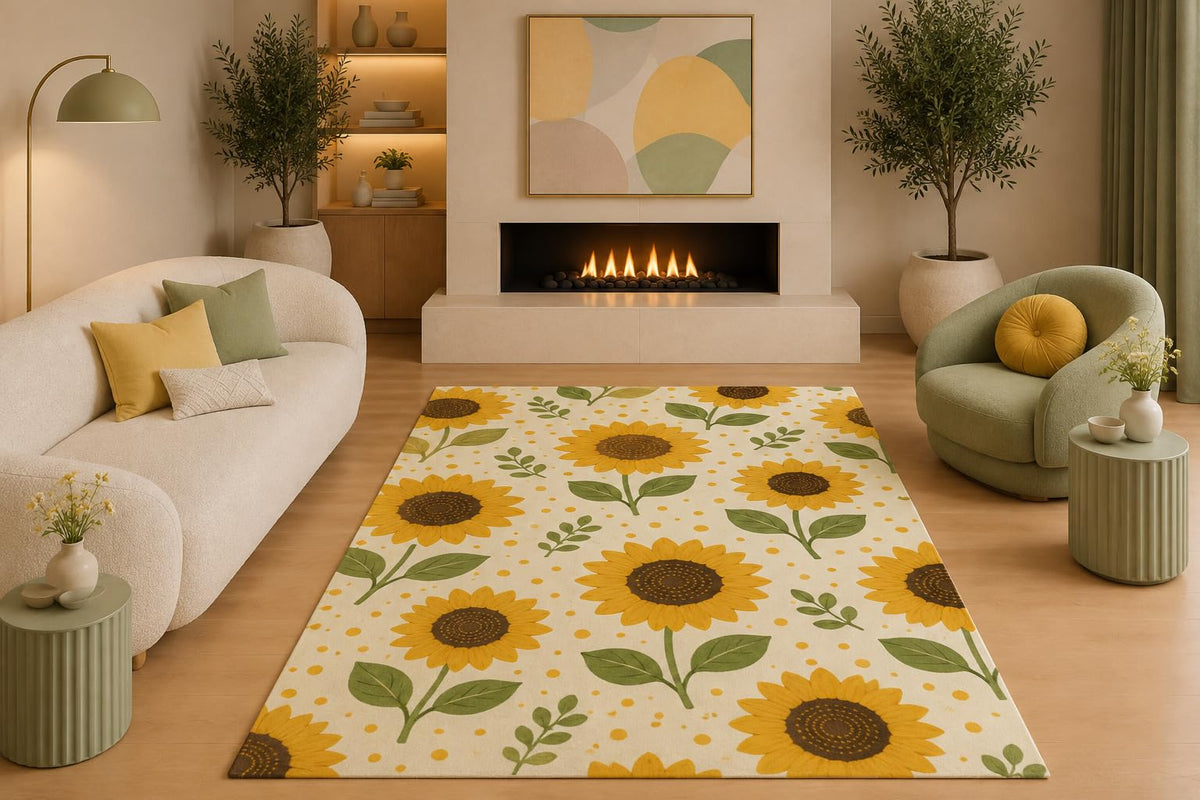 ICE ARMOR 5' x 7' Sunflower Botanical Area Rug Farmhouse Rustic Floral Nature Pattern for Living Room Bedroom Kitchen Dining Room Entryway Non-Slip Silicone Backing Low Pile