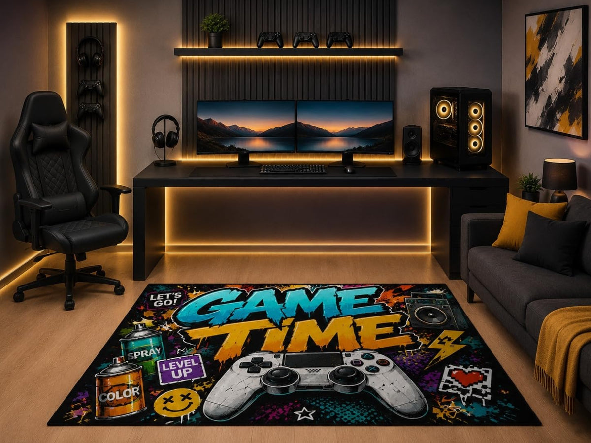 ICE ARMOR 5' x 7' Game Time Gaming Area Rug Graffiti Controller Gamer Room Bedroom Playroom Teen Boys Modern Decor Non-Slip Silicone Backing Low Pile
