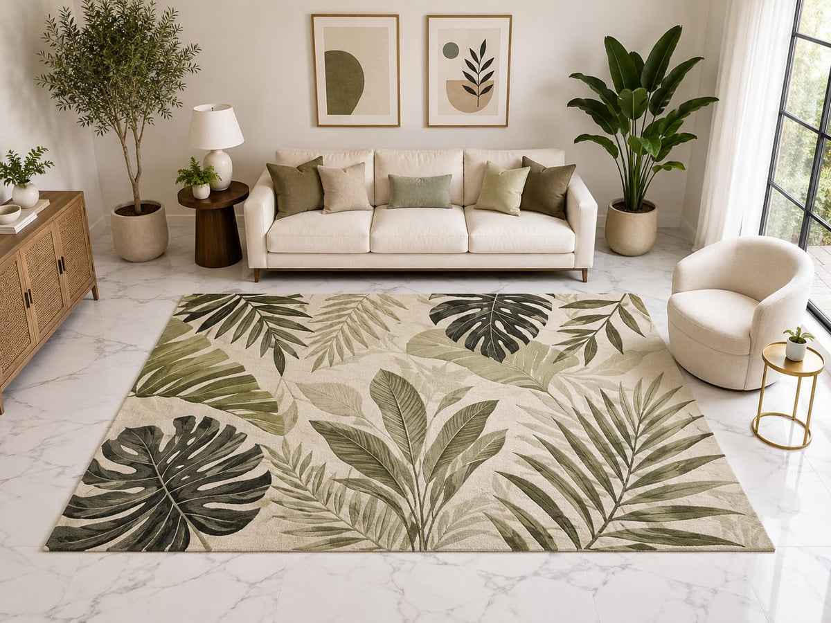 ICE ARMOR Large 6'7" x 9'10" Tropical Leaf Area Rug, Soft Low Pile Indoor Rug with Non-Slip Silicone Backing for Living Room Bedroom Family Room, Gray