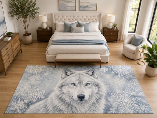 ICE ARMOR "Ultra Light Weight Large 6'7" x 9'10" Snowflake Wolf Area Rug Carpet Soft Low Pile Indoor Rug and Non-Slip Silicone Backing Blue White