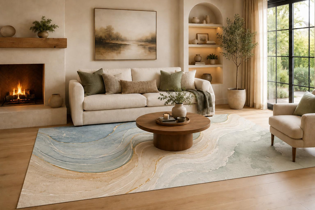 ICE ARMOR Large 6'7" x 9'10" Blue and Sage Green Mineral Cascade Area Rug for Living Room, Soft Low Pile Carpet with Non-Slip Silicone Backing, Decor for Bedroom, Dining Area and Home Office