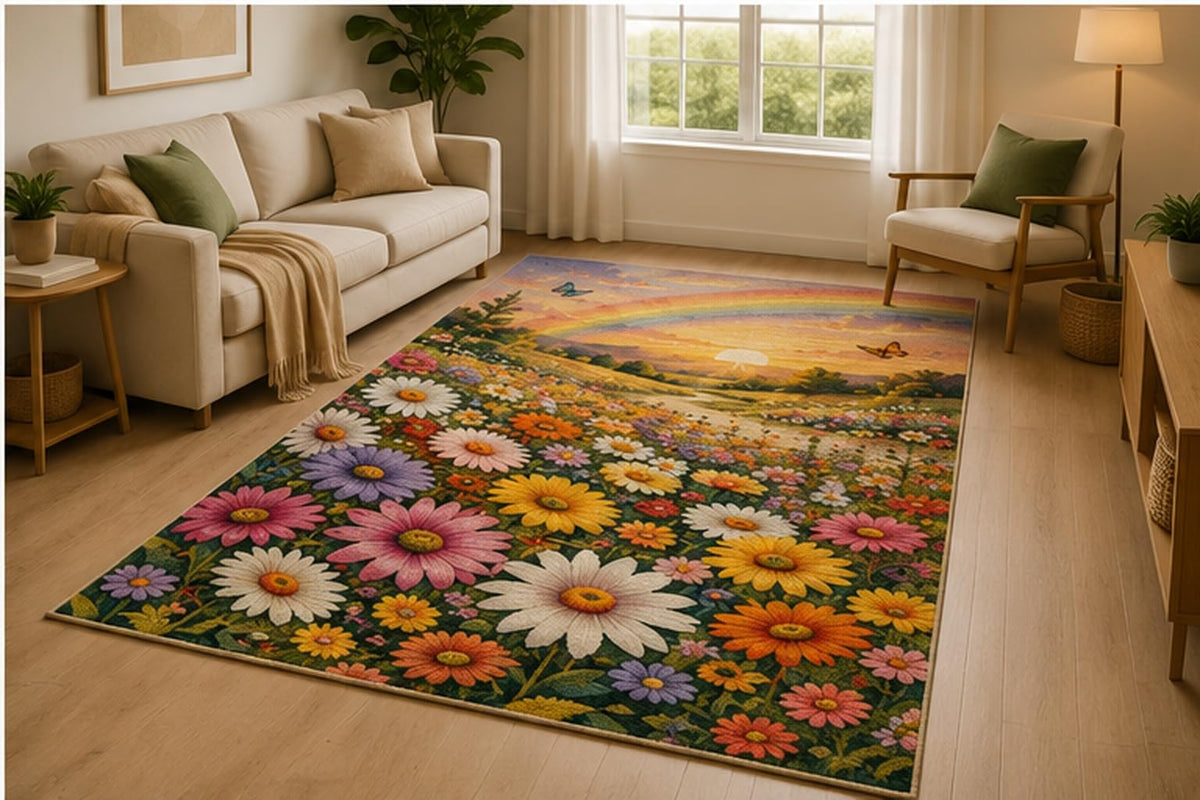 ICE ARMOR 5' x 7' Rainbow Flower Meadow Area Rug for Living Room, Soft Low Pile Indoor Rug with Non-Slip Silicone Backing, Bedroom, Playroom, Kids & Pets, Multicolor