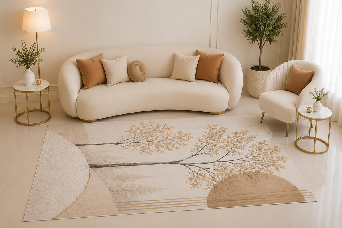 ICE ARMOR 5' x 7' Minimalist Tree Area Rug, Neutral Beige Abstract Woodland Landscape Design for Living Room Bedroom Office Decor, Non-Slip Silicone Backing Low Pile