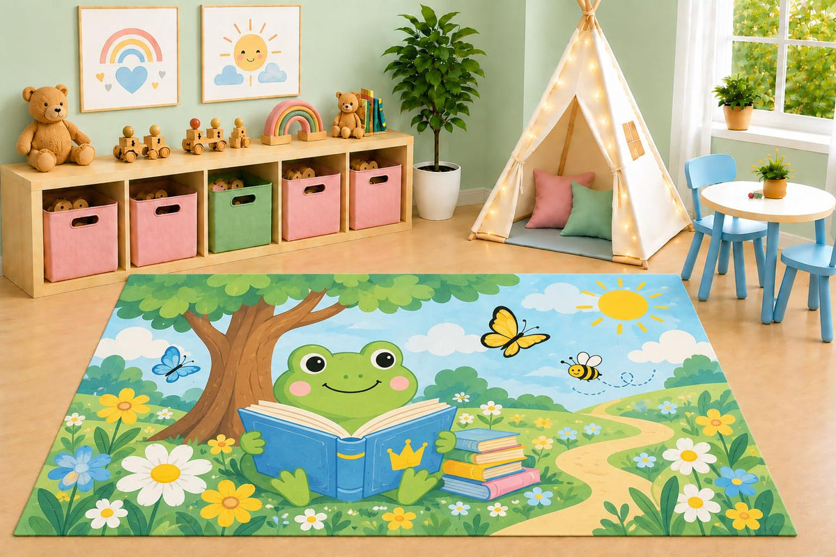 ICE ARMOR 5' x 7' Reading Frog Area Rug, Storybook Garden Butterfly Nature Learning Kids Playroom Nursery Bedroom Rug, Non-Slip Silicone Backing Low Pile