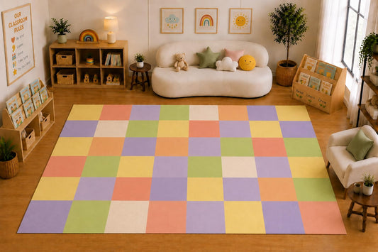 ICE ARMOR Large 6'7" x 9'10" Pastel Checkerboard Area Rug for for Kids Room, Classroom, Bedroom, Playroom Decor, Soft Low Pile Indoor Rug with Non-Slip Silicone Backing, Pastel Multicolor