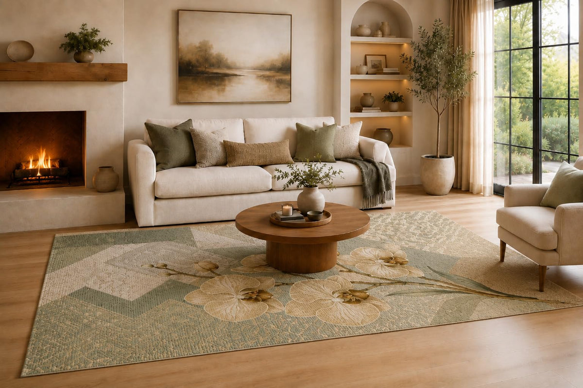 ICE ARMOR Large 6'7" x 9'10" Sage Green, Taupe and Ivory Wheat Curve Area Rug for Living Room, Soft Low Pile Carpet with Non-Slip Silicone Backing, Decor for Bedroom, Dining Area and Home Office
