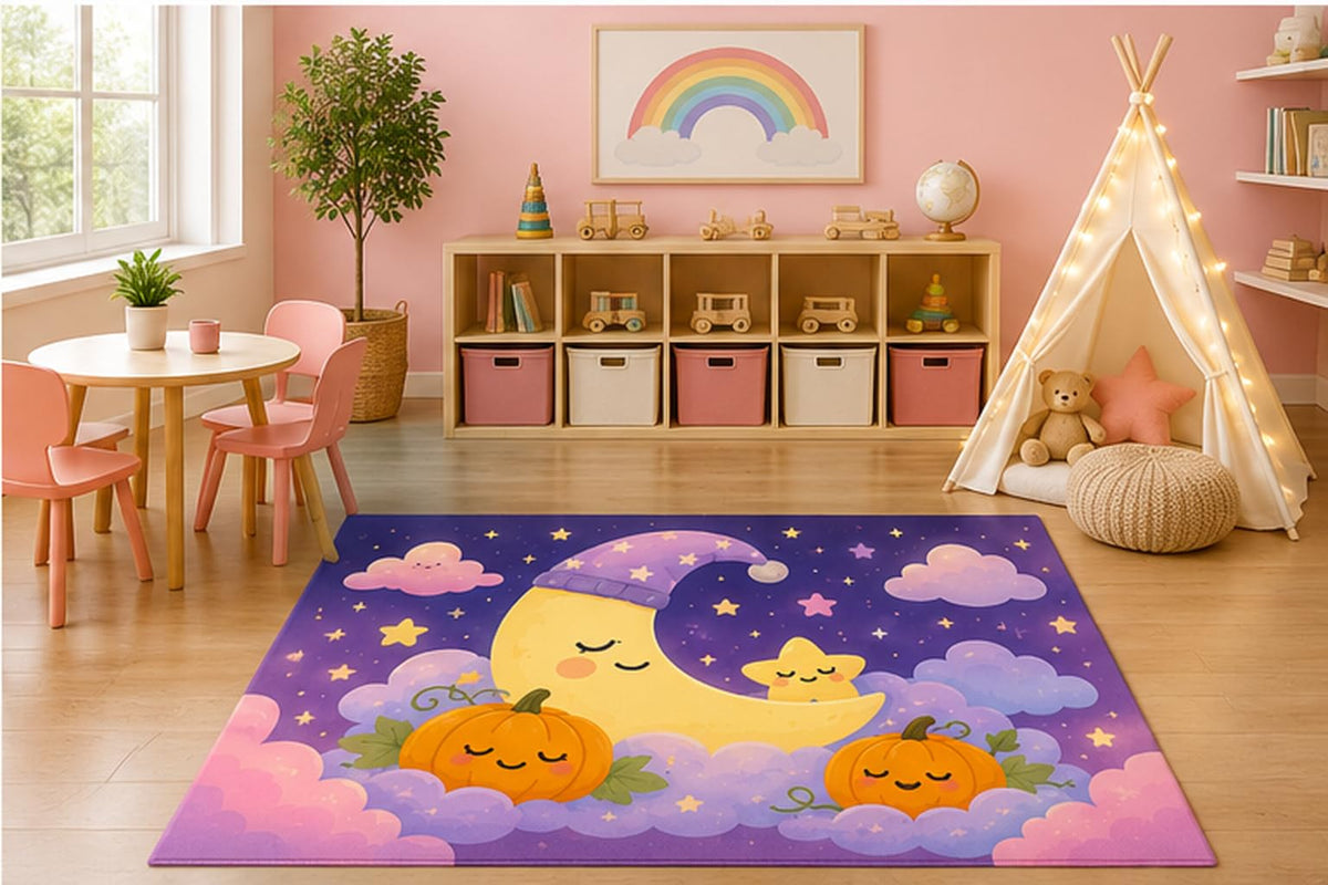 ICE ARMOR 5' x 7' Sleeping Moon Pumpkin Kids Area Rug, Cute Crescent Moon Stars Pumpkins Dreamy Kawaii Cartoon Playroom Nursery Bedroom Decor, Non-Slip Silicone Backing Low Pile