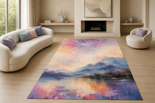 ICE ARMOR "Ultra Lightweight Large 6'7" x 9'10" Mountain Reflection Area Rug for Living Room, Bedroom and Home Office, Soft Low Pile Carpet with Non-Slip Silicone Backing, Purple and Blue