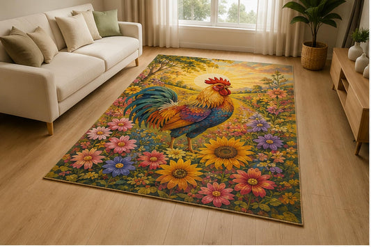 ICE ARMOR 5' x 7' Colorful Rooster Sunflower Garden Area Rug for Living Room, Soft Low Pile Indoor Rug with Non-Slip Silicone Backing, Farmhouse Decor for Dining Room, Kitchen, Family Room,