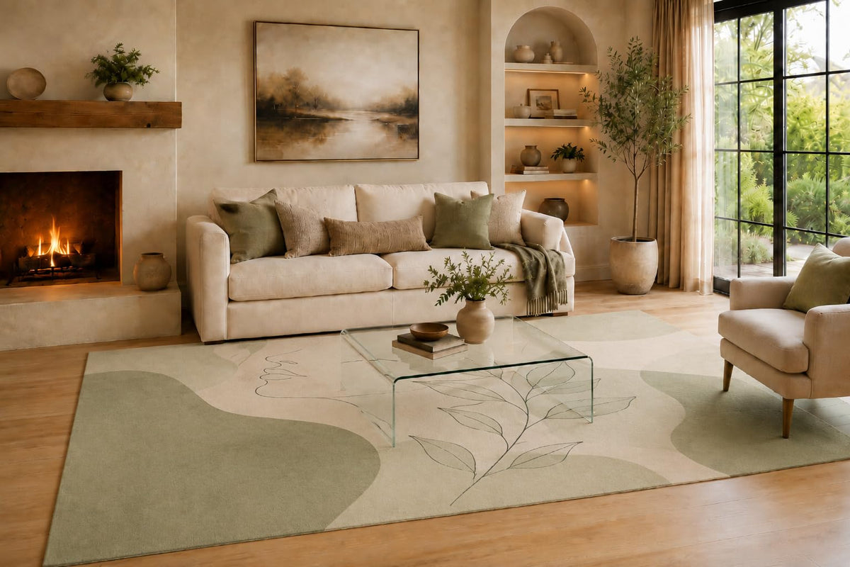 ICE ARMOR Large 6'7" x 9'10" Sage Green and Cream Leaf Silhouette Area Rug for Living Room, Soft Low Pile Carpet with Non-Slip Backing for Bedroom, Dining Room and Office