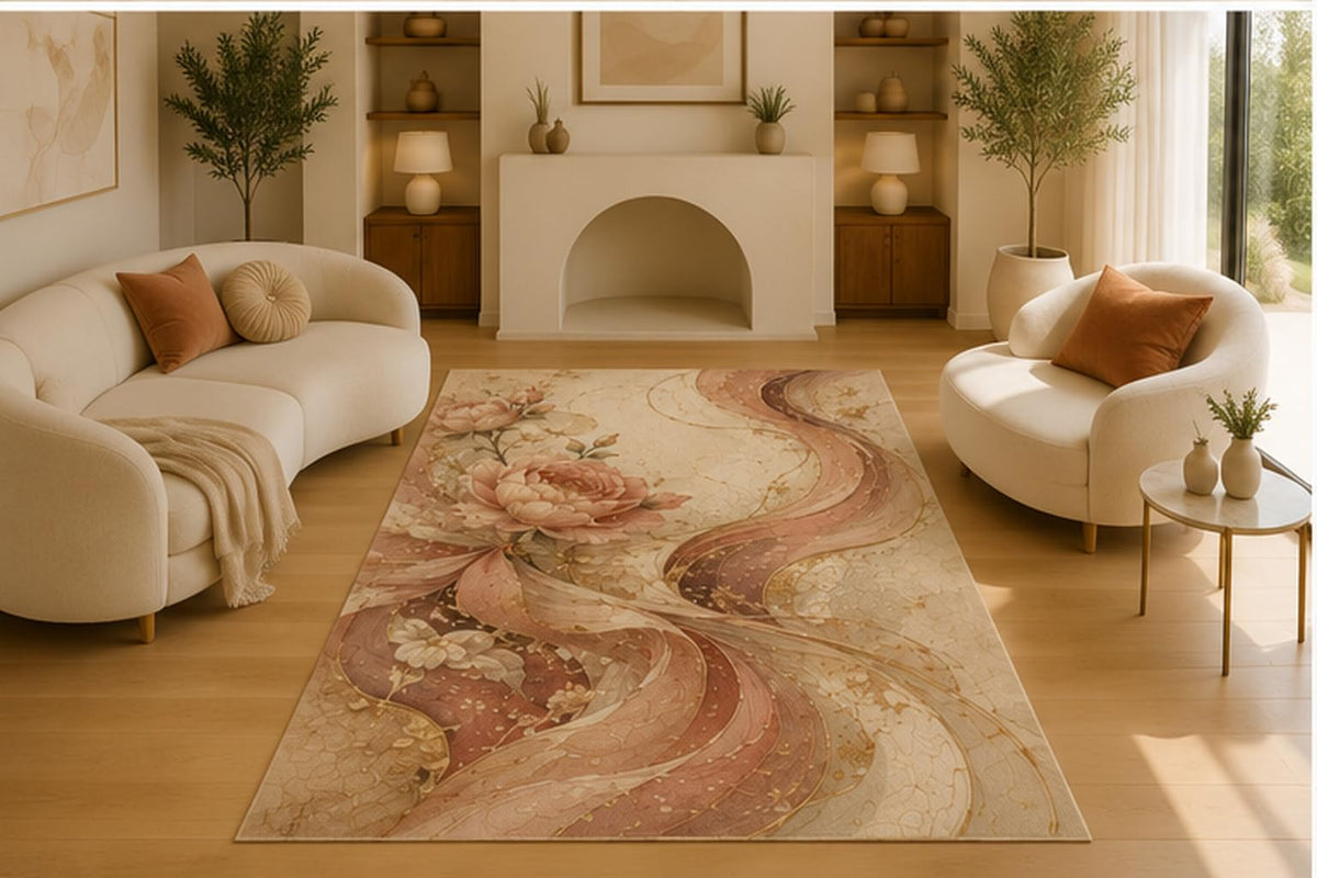 ICE ARMOR 5' x 7' Blush Floral Abstract Wave Area Rug, Soft Low Pile Indoor Rug with Non-Slip Silicone Backing for Living Room, Bedroom, Dining Room, Office, Pink Cream