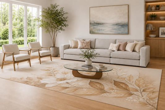 ICE ARMOR Large 6'7" x 9'10" Beige and Brown Vintage Botanical Blooms Area Rug for Living Room, Soft Low Pile Carpet with Non-Slip Silicone Backing, Decor for Bedroom and Home Office