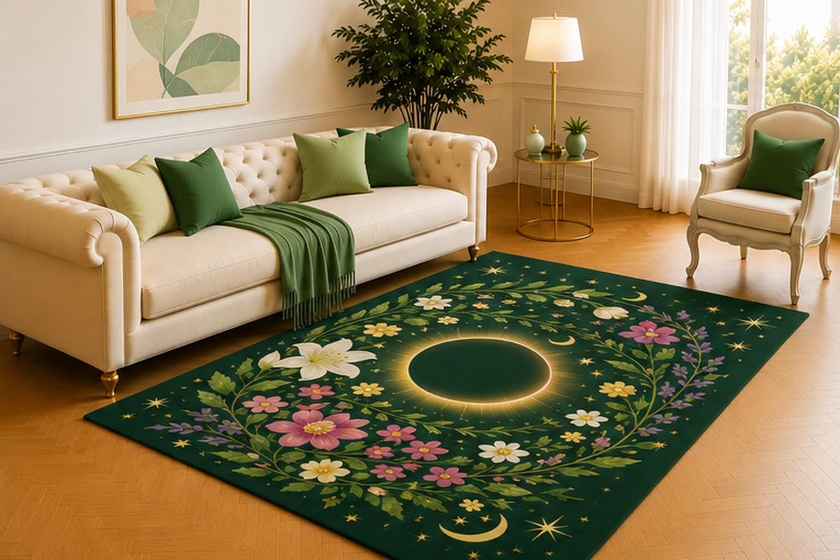 ICE ARMOR 5' x 7' Celestial Eclipse Floral Rug, Deep Green Botanical Wreath with Stars and Moons, Mystical Floor Decor for Living Room, Bedroom or Meditation Space