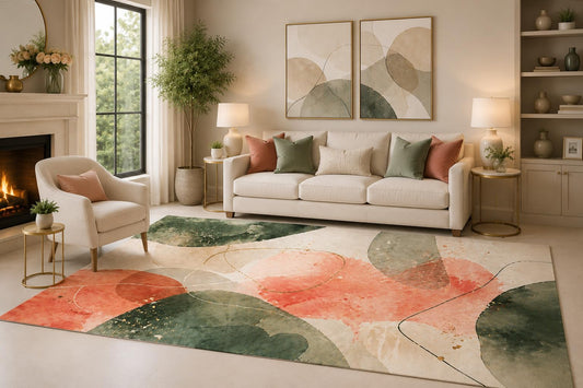 ICE Armor 6'7" x 9'10" Coral Green Watercolor Area Rug for Living Room, Soft Low Pile Carpet with Non-Slip Silicone Backing, for Bedroom, Dining Area and Office, Multicolored, Artistic Indoor Accent