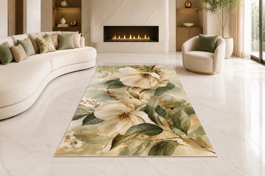 ICE ARMOR "Ultra Lightweight Large 6'7" x 9'10" White Magnolia Branch Area Rug for Living Room, Bedroom and Home Office, Soft Low Pile Carpet with Non-Slip Silicone Backing, Cream and Green