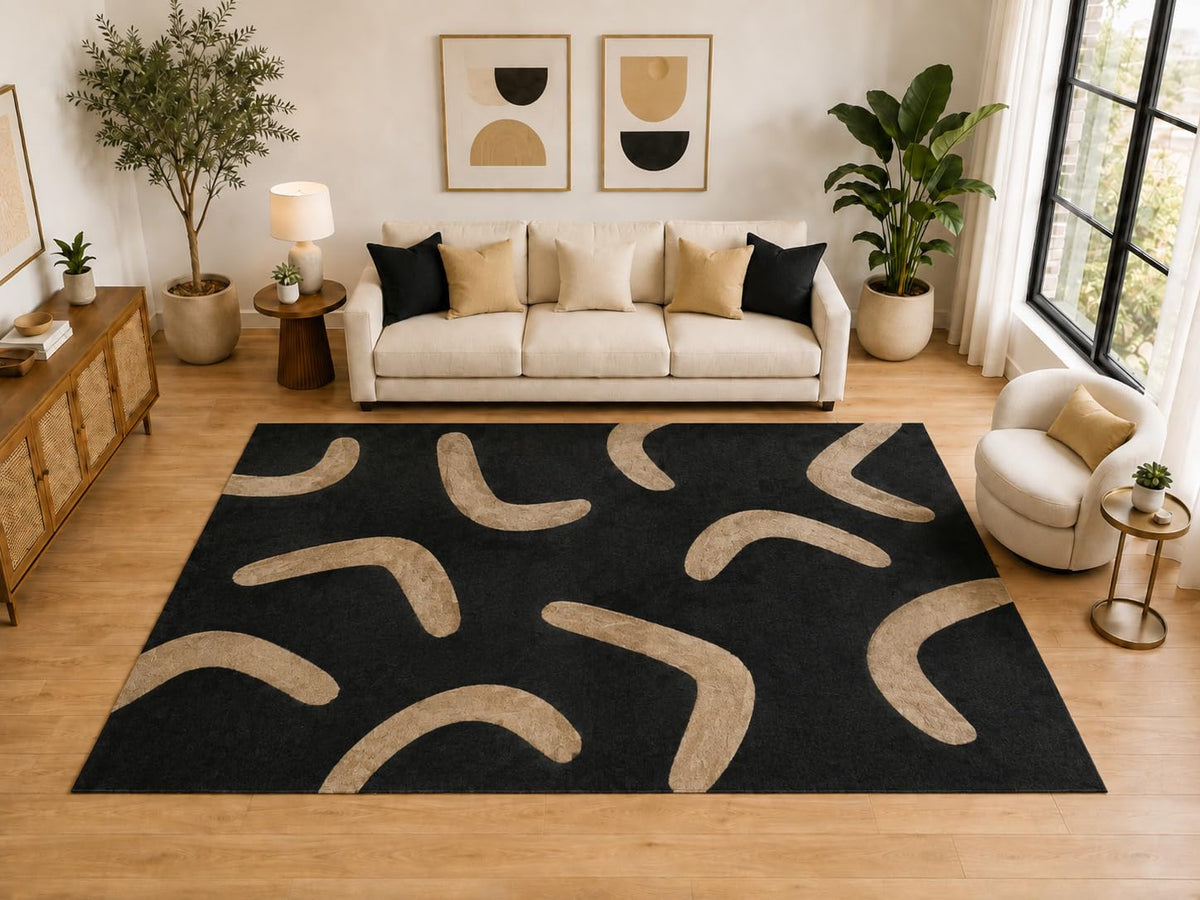 ICE ARMOR Large 6'7" x 9'10" Organic Boomerang Pattern Area Rug for for Bedroom, Living Room, Soft Low Pile Indoor Rug with Non-Slip Silicone Backing, Black Tan