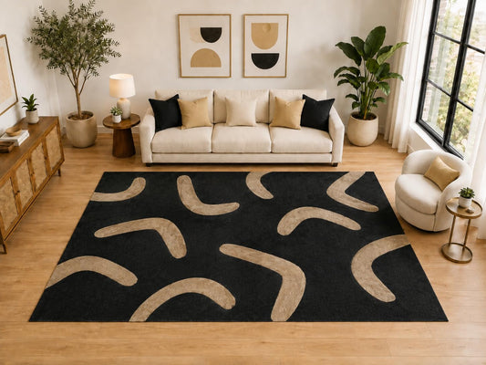 ICE ARMOR Large 6'7" x 9'10" Organic Boomerang Pattern Area Rug for for Bedroom, Living Room, Soft Low Pile Indoor Rug with Non-Slip Silicone Backing, Black Tan
