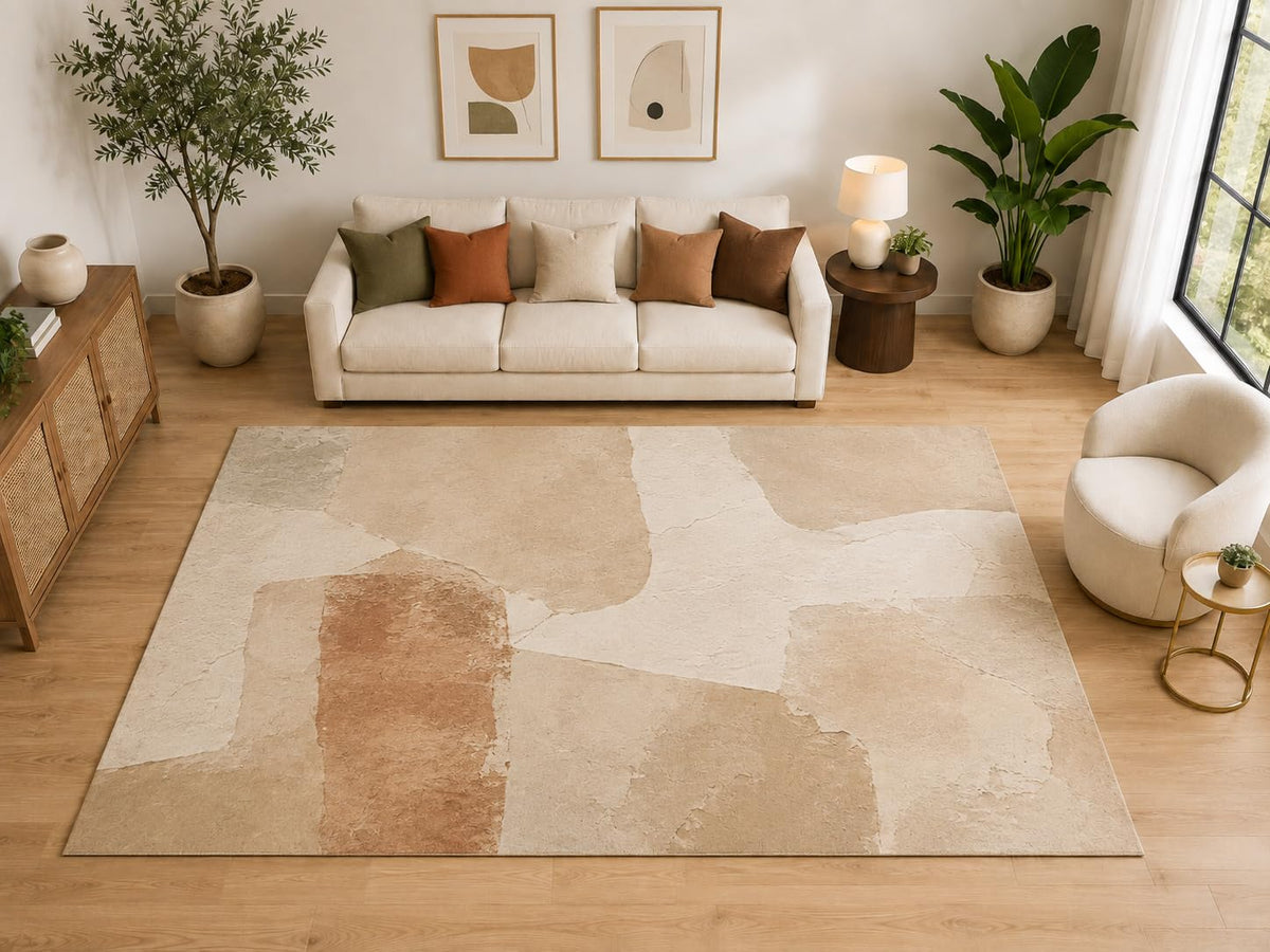 ICE ARMOR "Ultra Light Weight Large 6'7" x 9'10" Abstract Stone Patch Area Rug, Soft Low Pile Indoor Rug and Non-Slip Silicone Backing for Living Room Bedroom, Beige