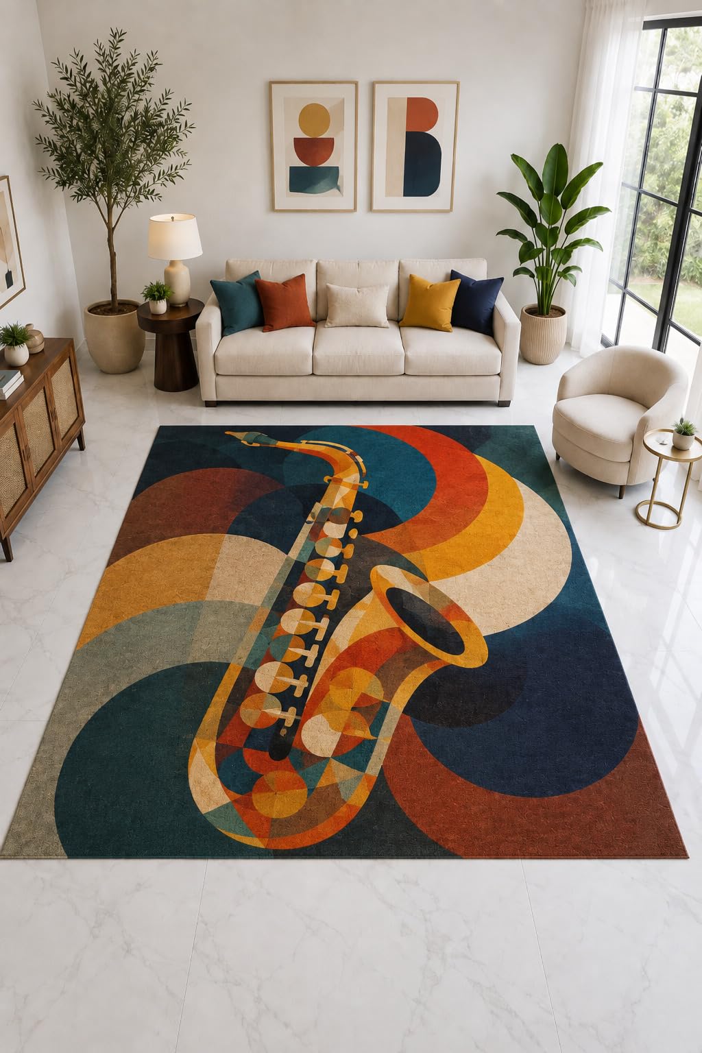 ICE ARMOR "Ultra Light Weight Large 6'7" x 9'10" Saxophone Retro Rug, Soft Low Pile Indoor Rug, Non-Slip Silicone Backing for Living Room Teal