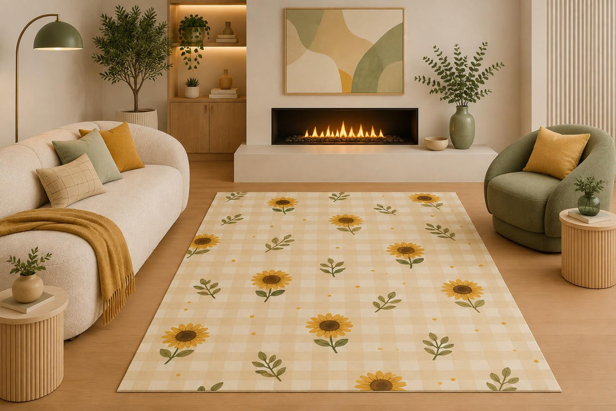 ICE ARMOR 5' x 7' Farmhouse Sunflower Area Rug Rustic Gingham Floral Botanical Pattern for Living Room Bedroom Kitchen Dining Room Entryway Non-Slip Silicone Backing Low Pile